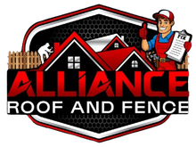 Alliance Roof and Fence logo with red house roof, fence, and cartoon worker holding a clipboard