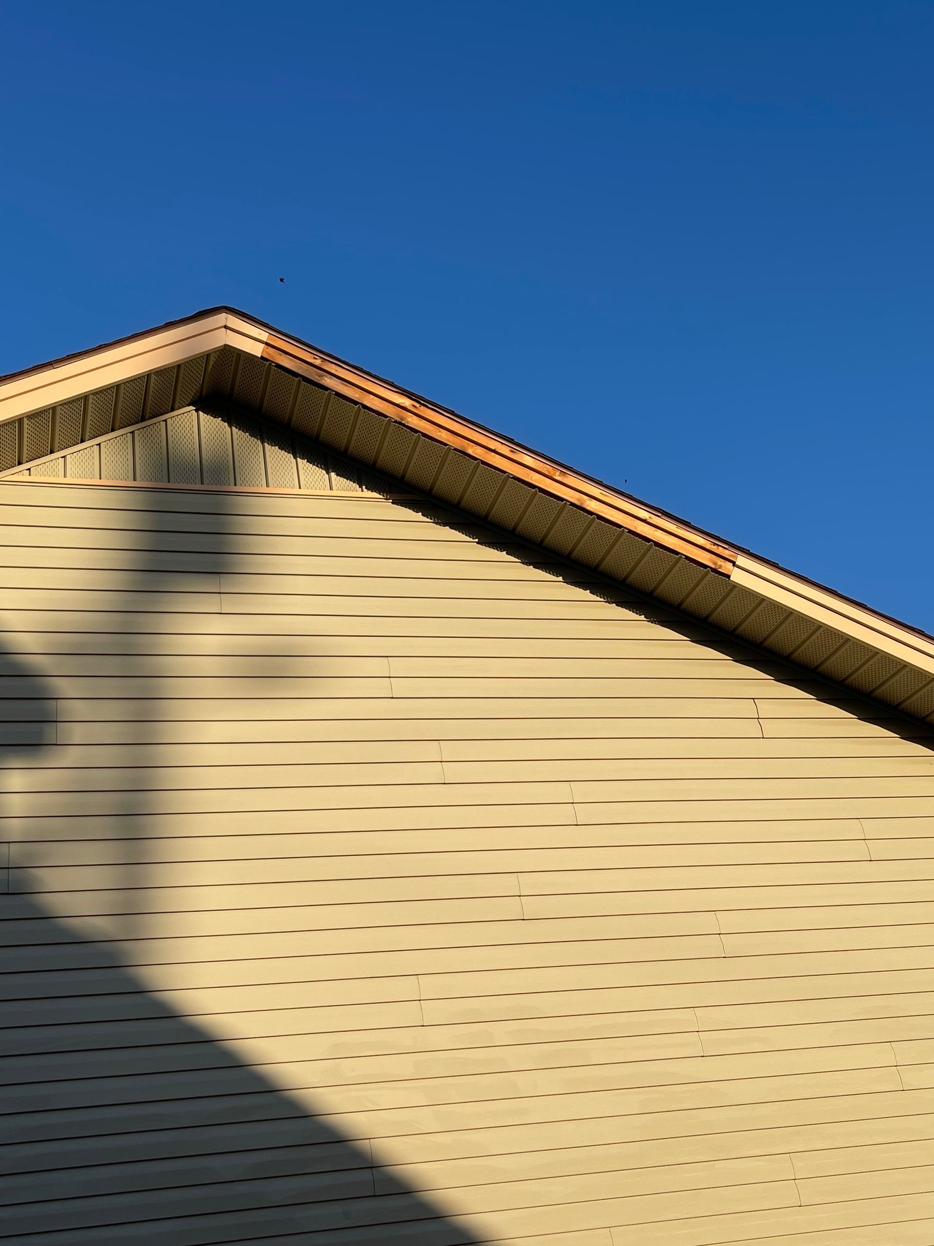 Side of a beige house with a dark roof against a clear blue sky, partly shaded by a nearby tree