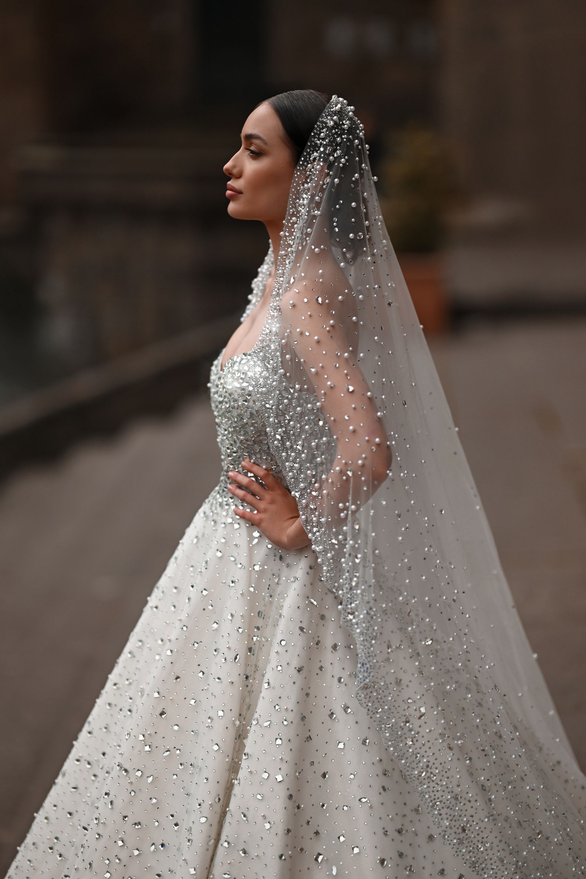 Bride in a white gown and veil adorned with sparkling beads, standing in profile outdoors.