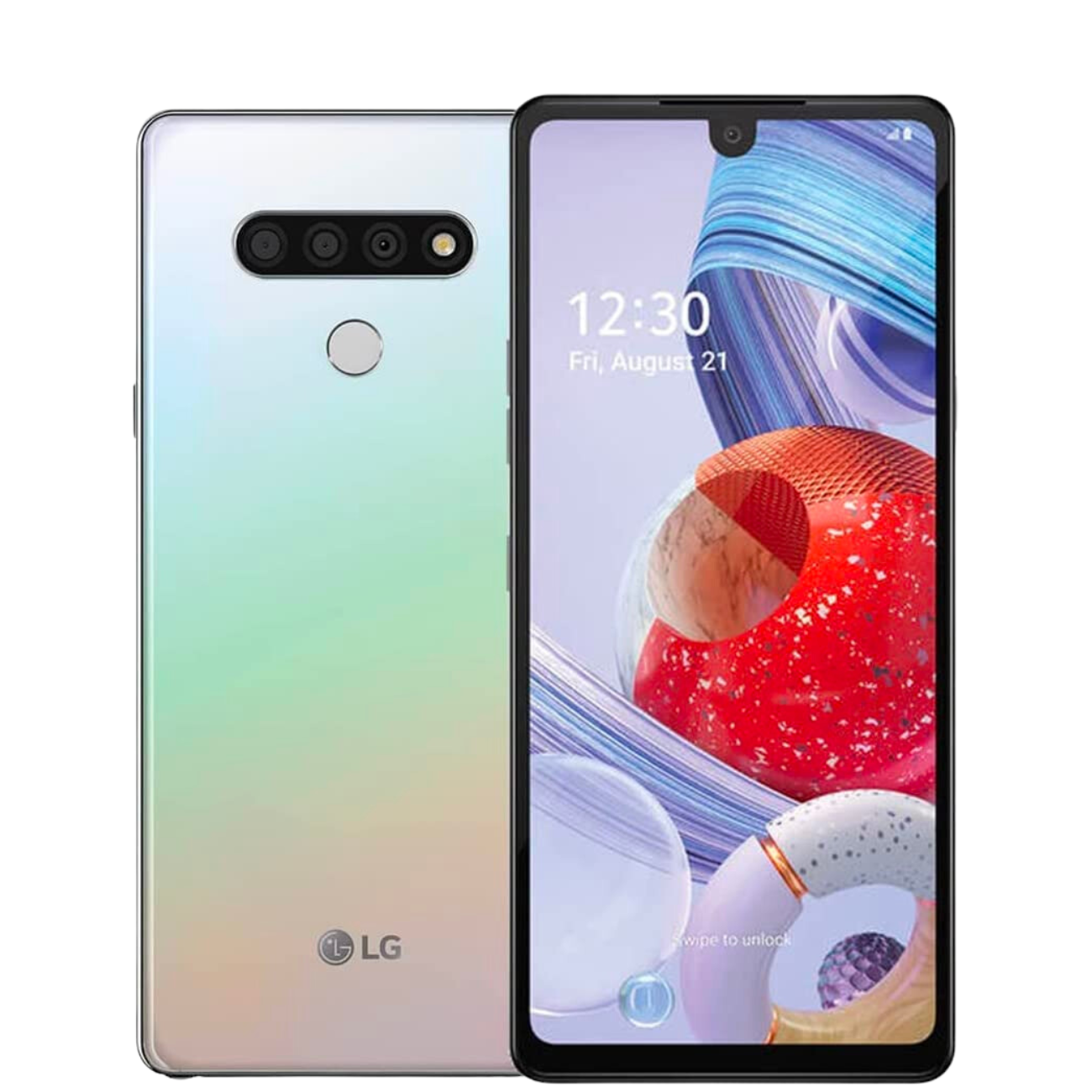 The front and back of an lg phone with a strawberry on the screen.