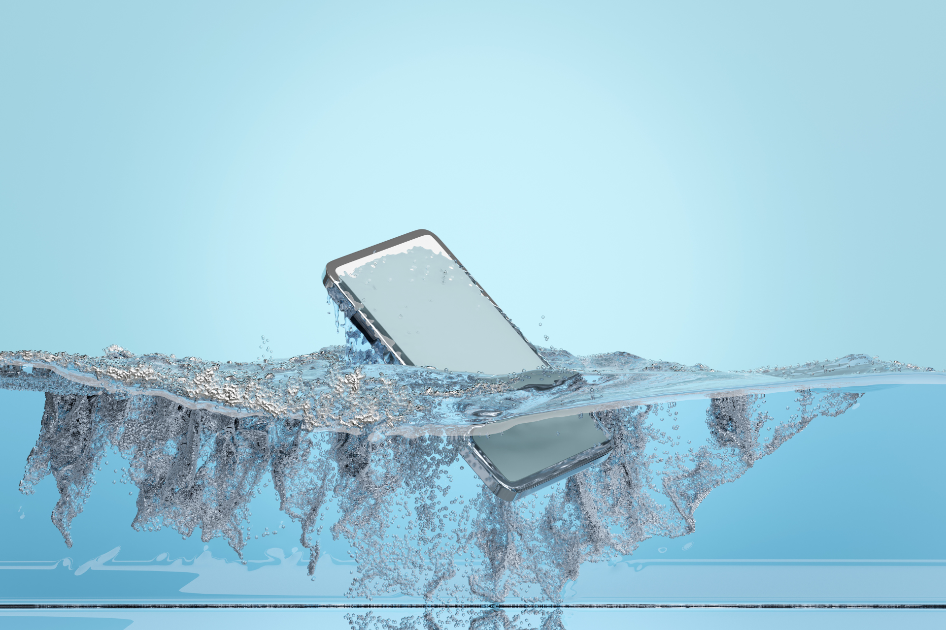 A cell phone is floating in a pool of water.