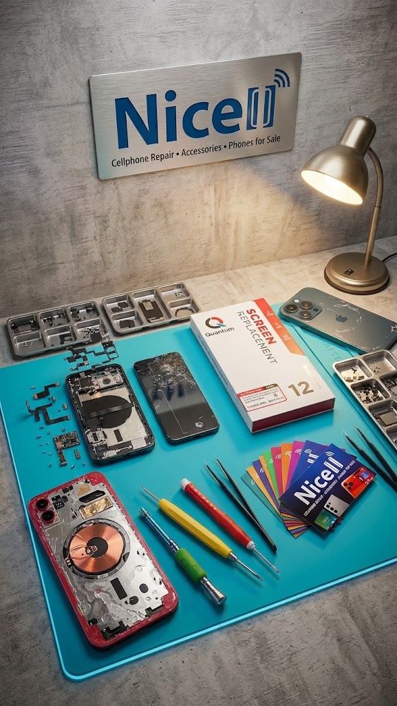 Nicell Cell Phone Repair tools and smartphone repair parts displayed on a teal repair mat in Utah
