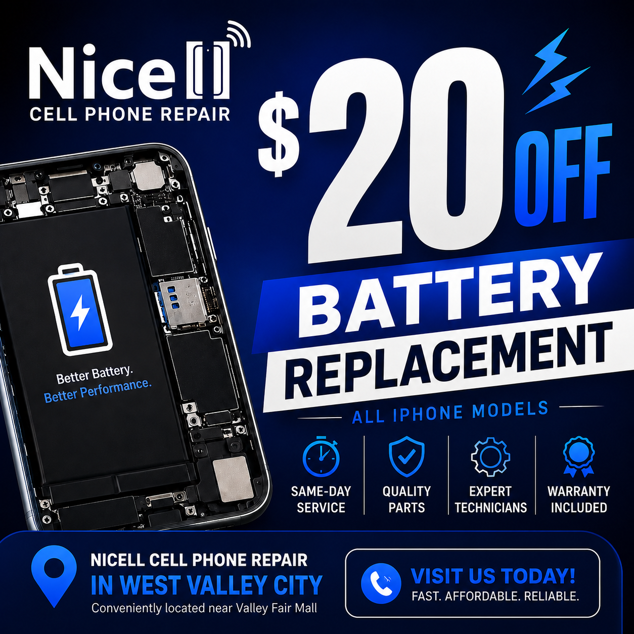 Blue promo ad for Nice Cell Phone Repair: $20 off battery replacement, all phone models, West Valley City.