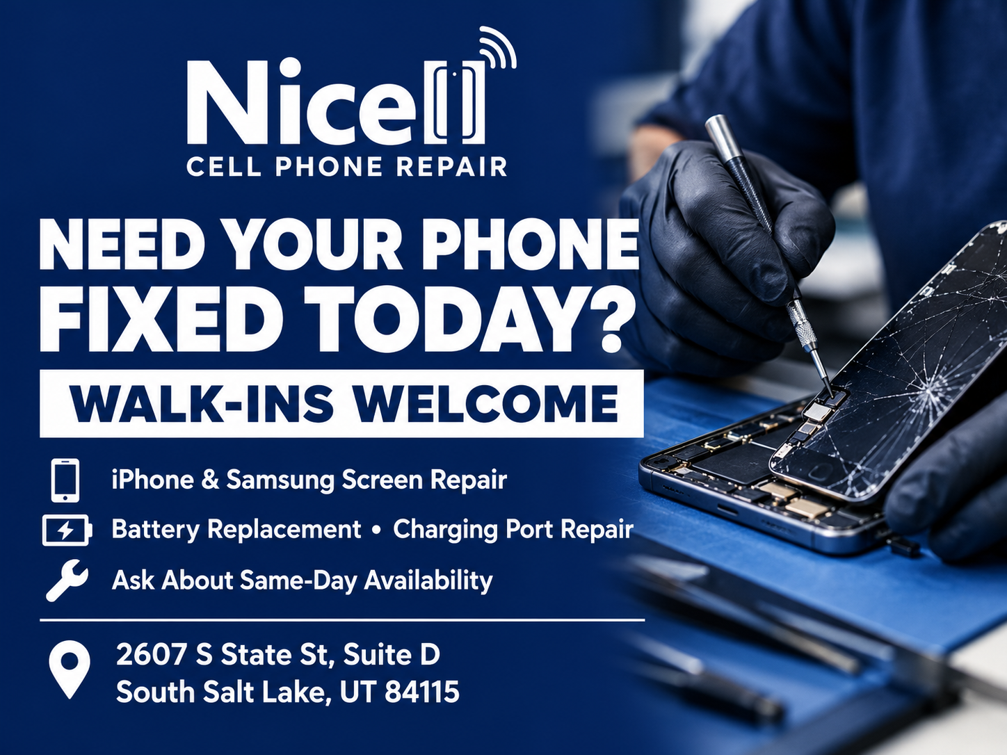 Same-day iPhone screen repair at Nicell Cell Phone Repair in South Salt Lake, Orem, and West Valley