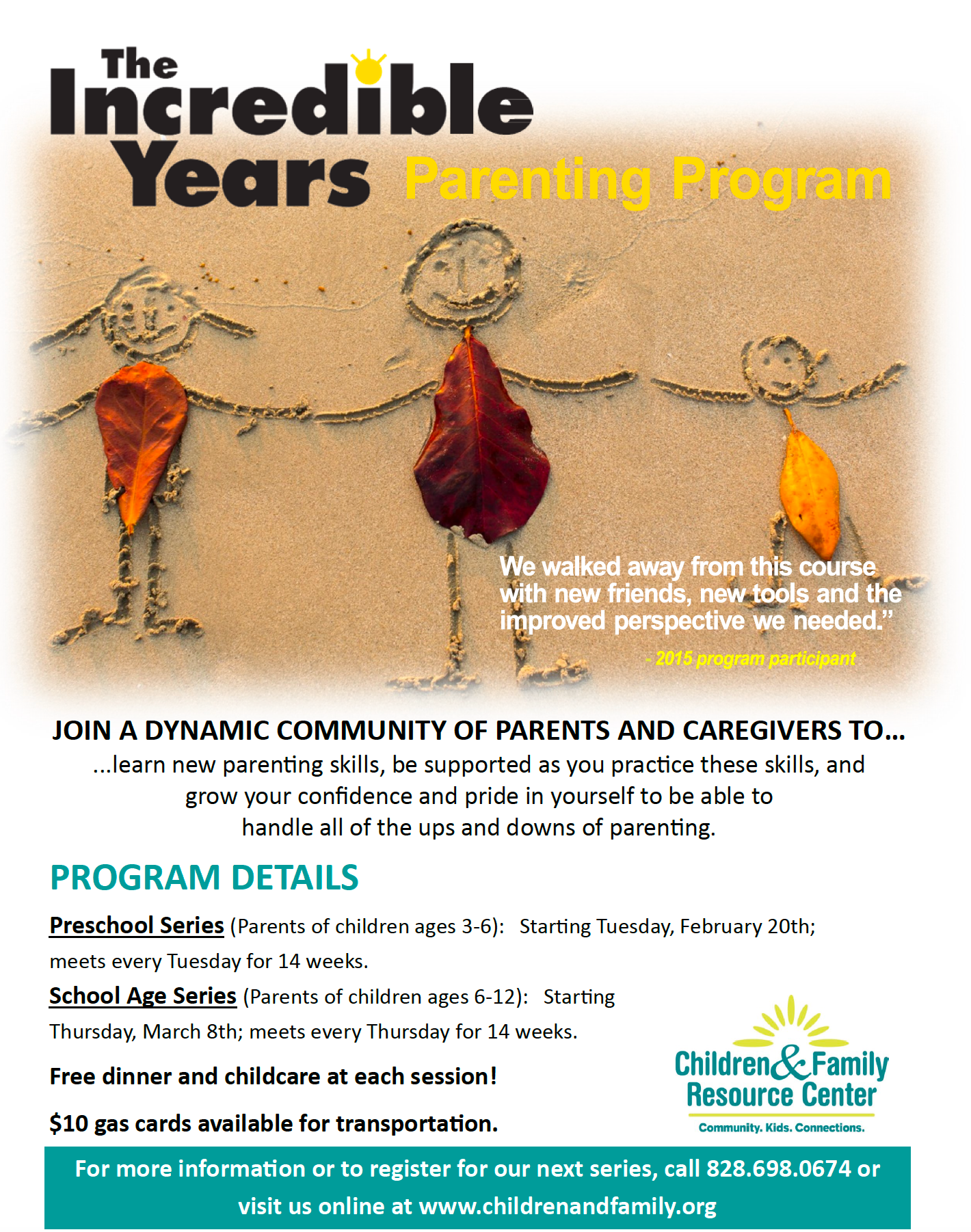 Poster for Incredible Years Parenting Program, featuring sandy figures and program details.