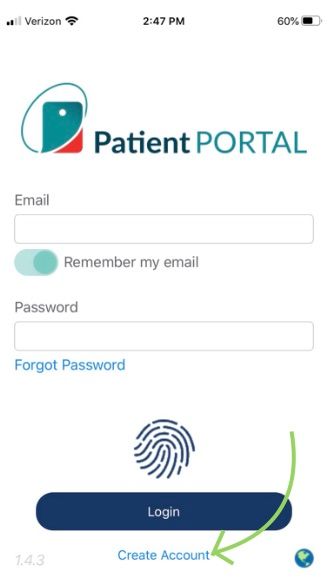 Patient Portal login screen with email and password fields, a login button, and a