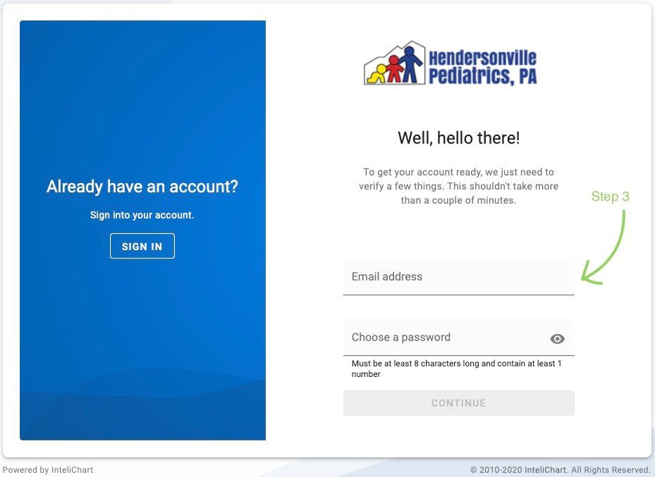 Hendersonville Pediatrics sign-up page; a form with email and password fields, blue background, and a