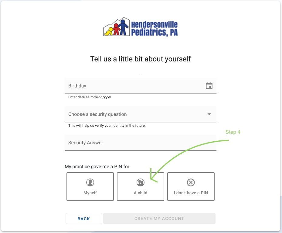 Web form for Hendersonville Pediatrics with questions on it.