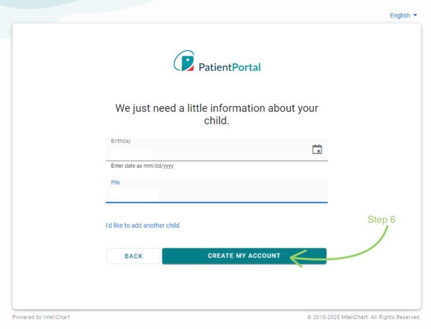 Patient portal form requesting child's information, with a