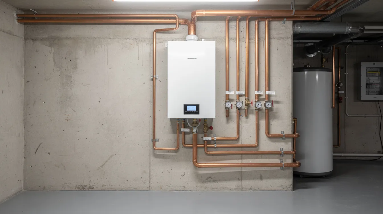 The image depicts a residential boiler system with copper piping installed in a utility room, showcasing various system components essential for heating maintenance. This setup highlights the importance of proper maintenance to ensure reliable performance and optimal energy efficiency during cold weather.