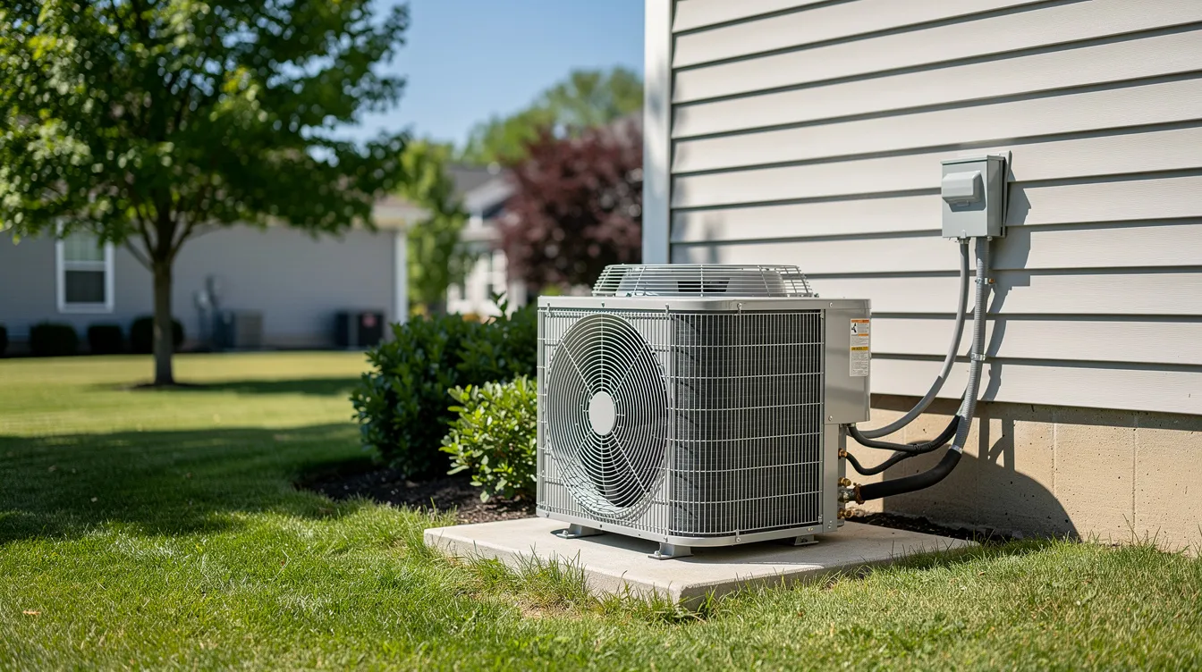 Outdoor air conditioner unit beside a house wall on a sunny lawn, with electrical conduit attached
