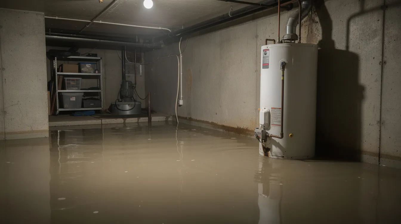 The image depicts a flooded basement with standing water surrounding a utility area and a water heater, highlighting a plumbing emergency that may require immediate attention from reliable emergency plumbing services to prevent further damage. The scene illustrates the potential risks of burst pipes and water damage in a home.