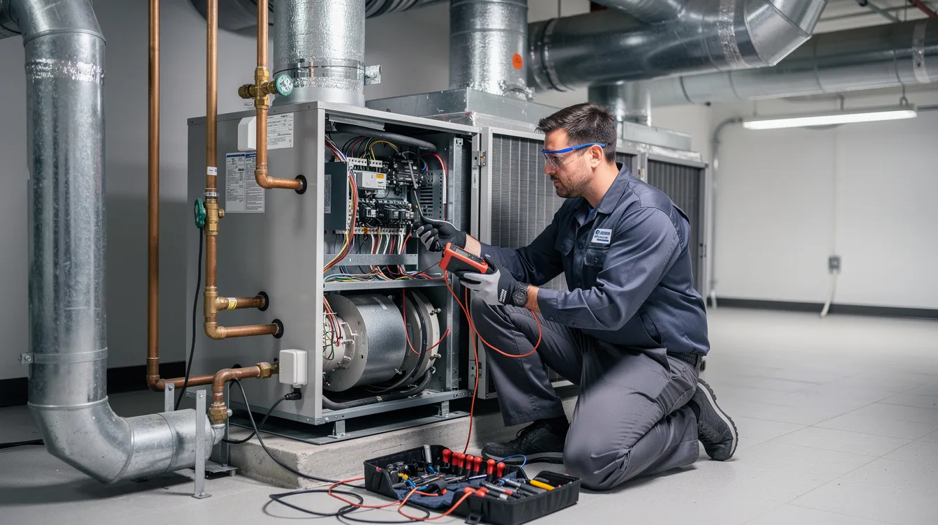 An HVAC technician is inspecting an indoor air handler unit using advanced diagnostic tools, ensuring the optimal performance of the air conditioning system. The technician's careful evaluation aims to detect any issues, such as refrigerant leaks or clogged air filters, that could impact energy efficiency and indoor air quality.
