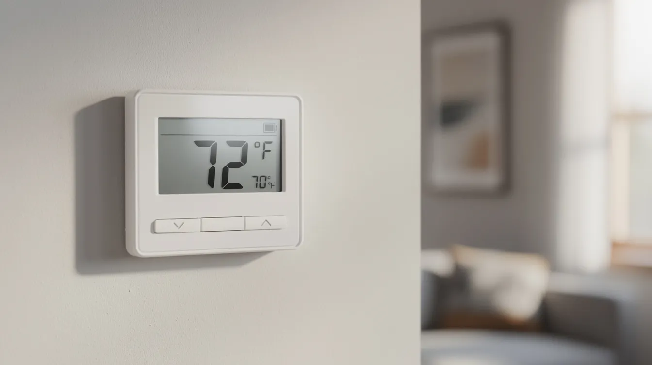 The image features a digital thermostat mounted on a living room wall, displaying the current temperature reading. This device plays a crucial role in managing the heating system's efficiency, ensuring optimal performance and comfort during cold weather.