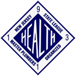 Blue diamond-shaped Health logo with New Jersey State League and Master Plumbers text