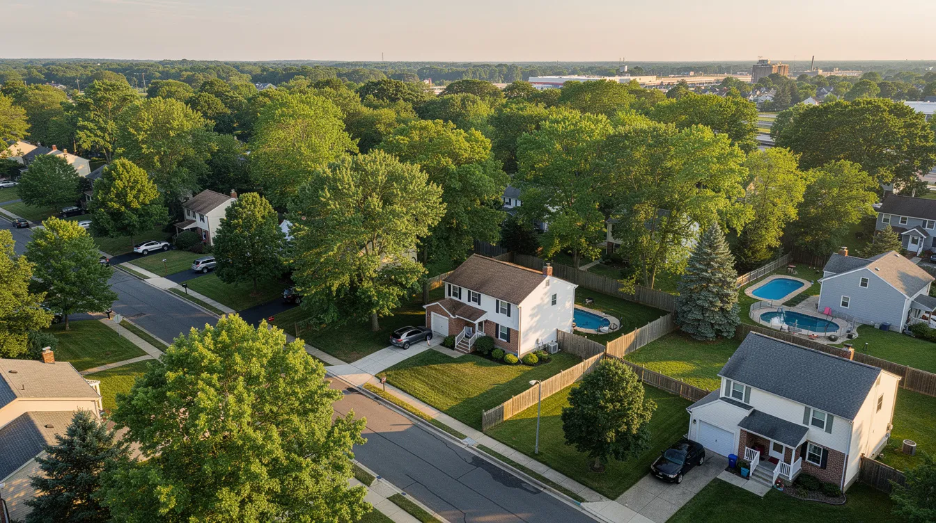 An aerial view captures a tree-lined suburban neighborhood in northern New Jersey during summer, showcasing neatly arranged homes with green lawns. The scene reflects a peaceful atmosphere, perfect for families enjoying the warm weather, while also hinting at the importance of reliable air conditioning systems to keep homes cool during the heat.
