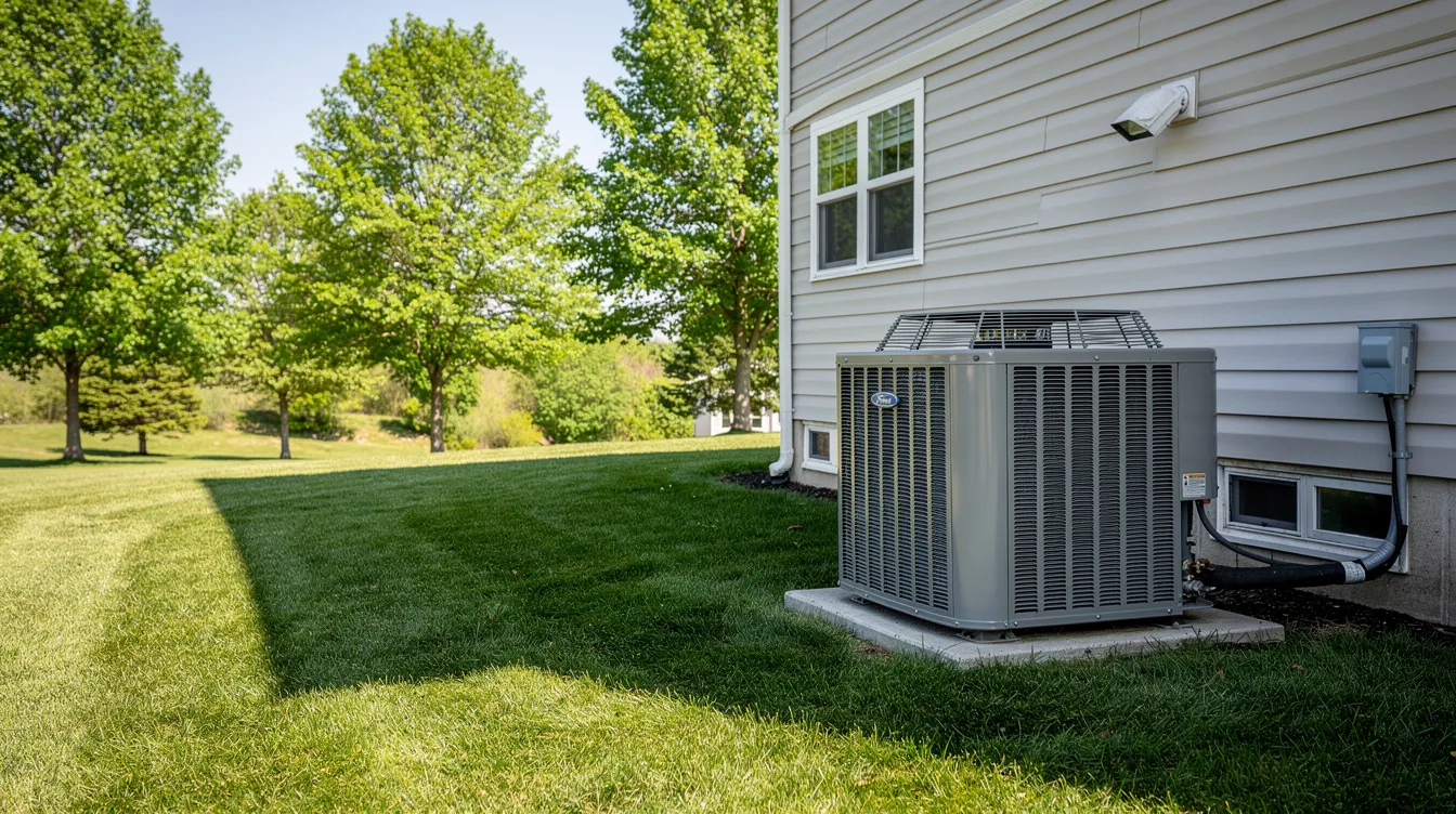 Backyard view of a house with an air conditioner unit beside the siding and green lawn beyond