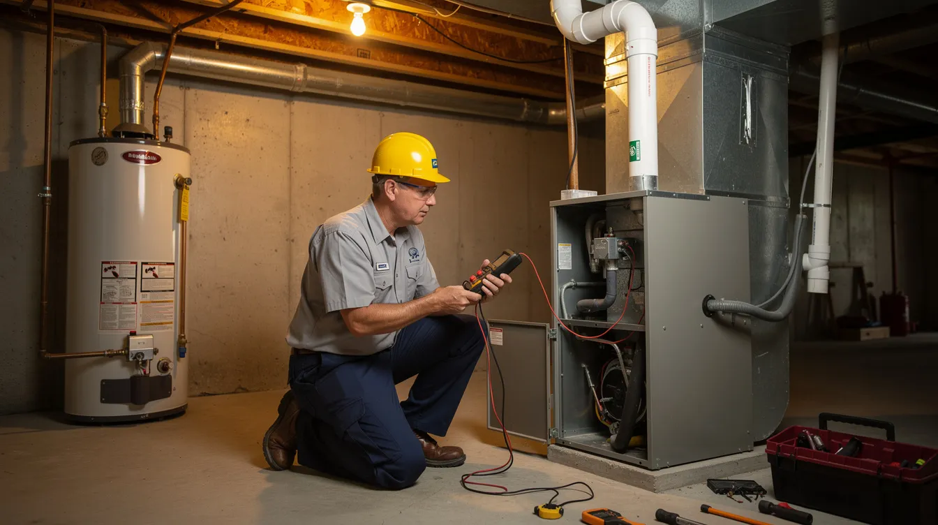 A technician is inspecting a residential heating system in a basement, focusing on the gas furnace and natural gas line. The scene highlights the importance of regular maintenance for efficient heating and the potential for oil to gas conversion to reduce energy costs.
