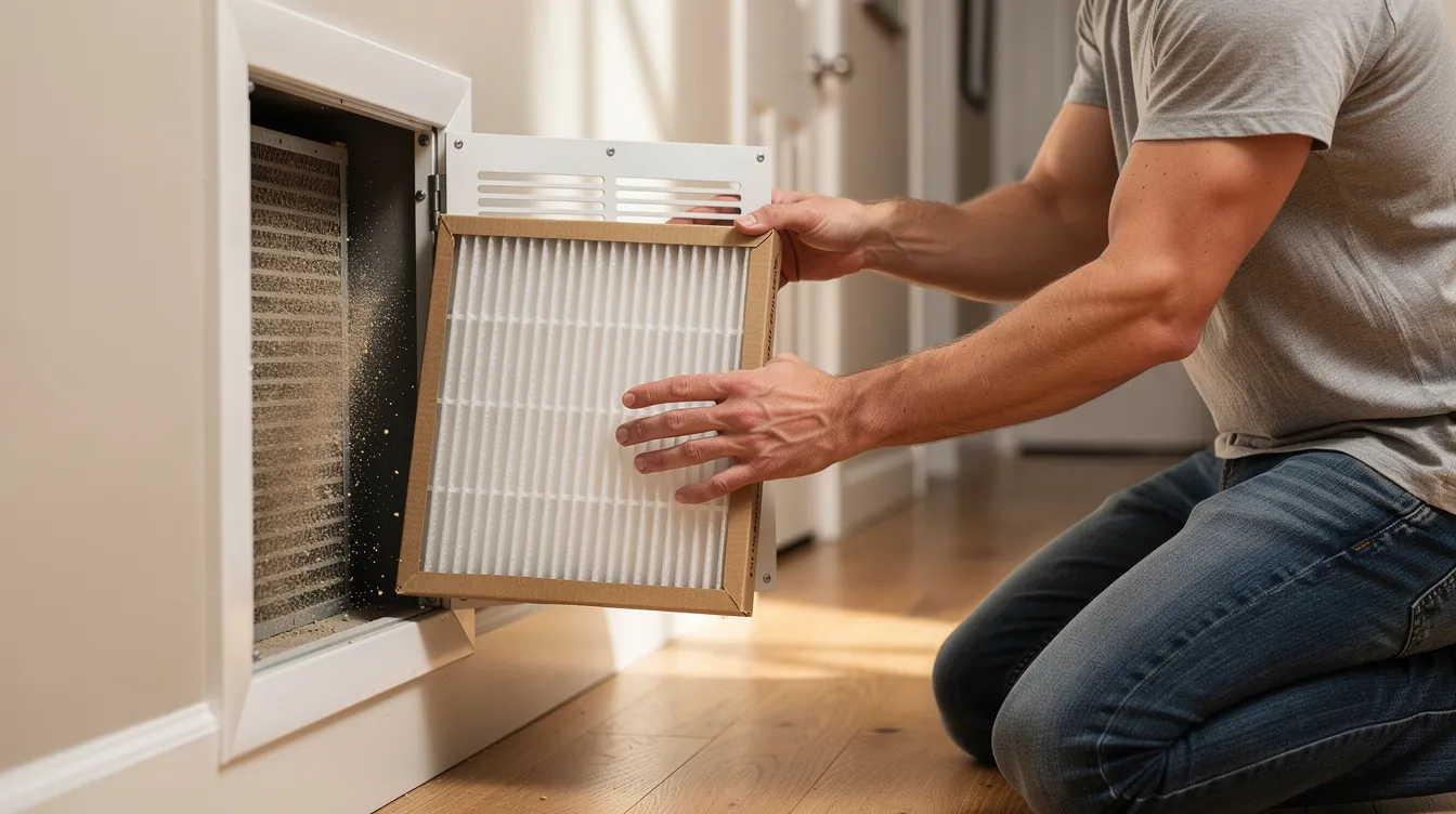 A homeowner is seen replacing a clogged air filter in a residential HVAC return vent, an essential task for maintaining optimal indoor air quality and ensuring the efficient performance of the air conditioning system. Regular maintenance, such as changing air filters, helps prevent costly HVAC repairs and keeps energy bills low.