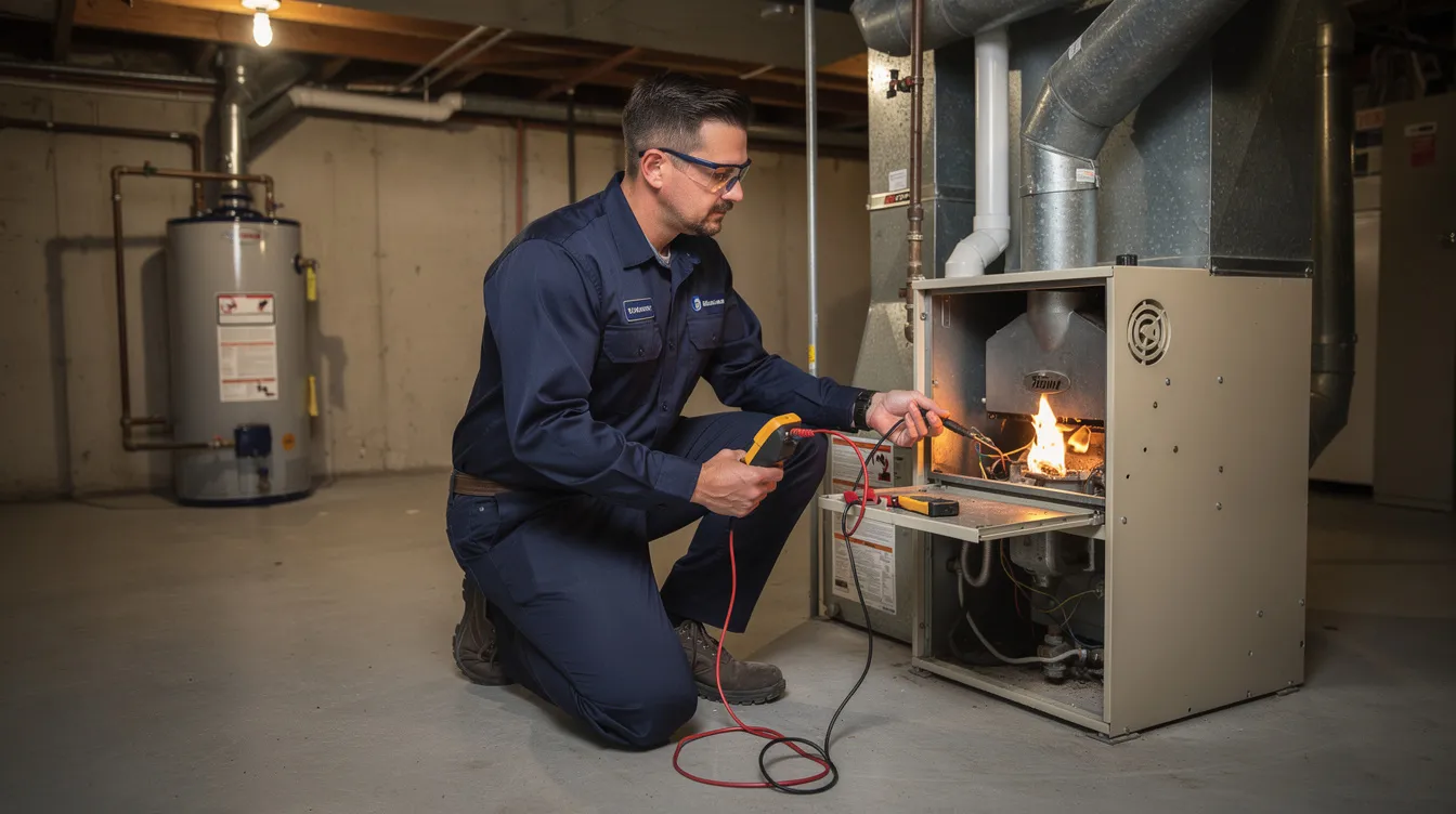 An HVAC technician is inspecting a residential gas furnace in a basement, ensuring the heating system operates safely and efficiently. This thorough inspection helps prevent costly repairs and ensures optimal performance during cold weather.