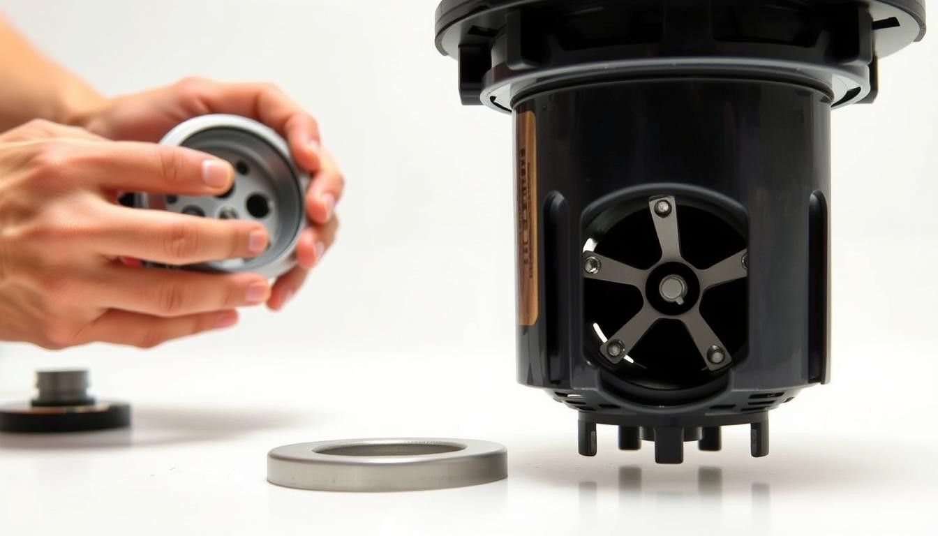 Hands assembling a black, cylindrical device with metal components and a five-blade fan.