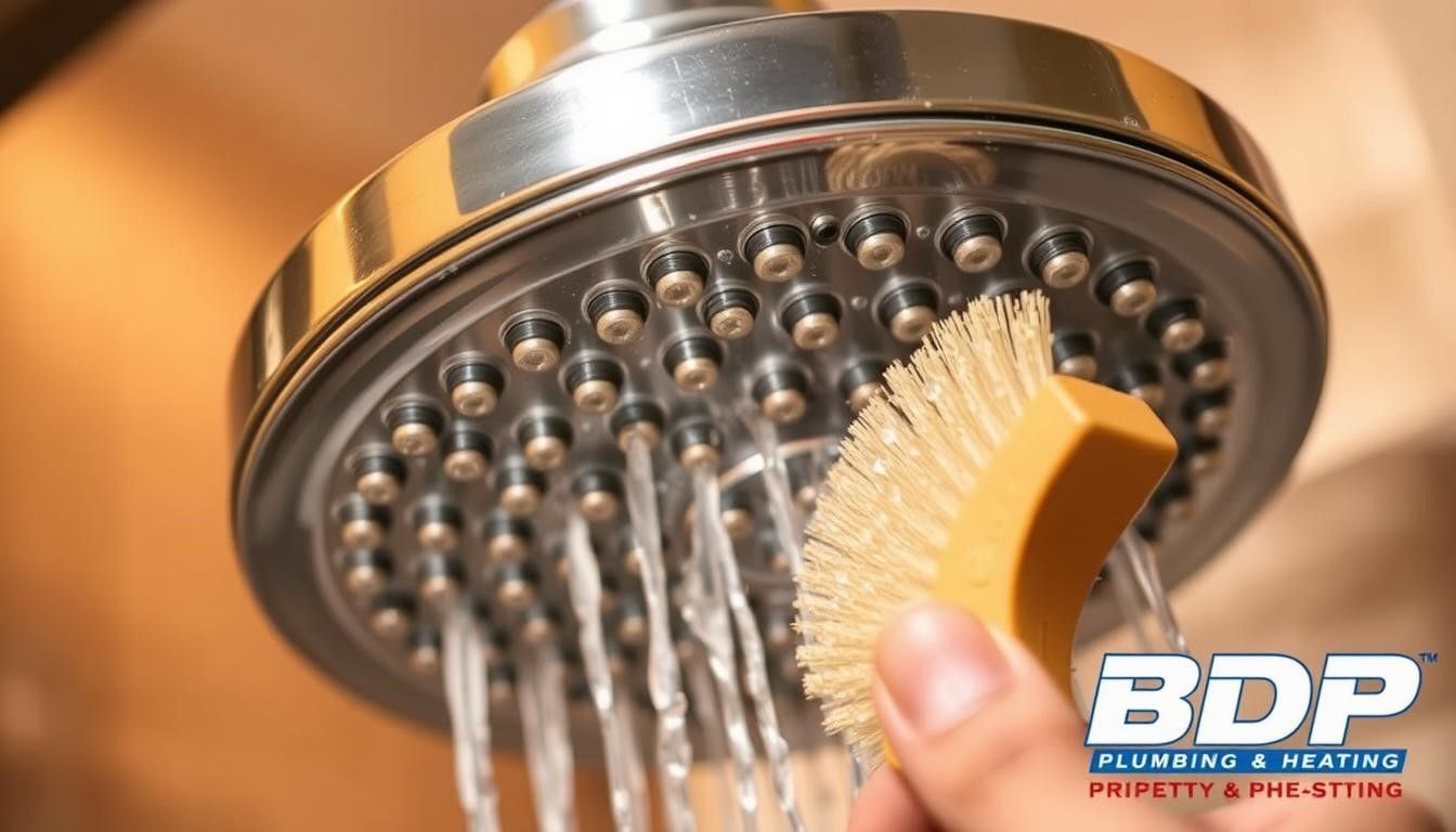Shower head being scrubbed with a brush; water streams out.