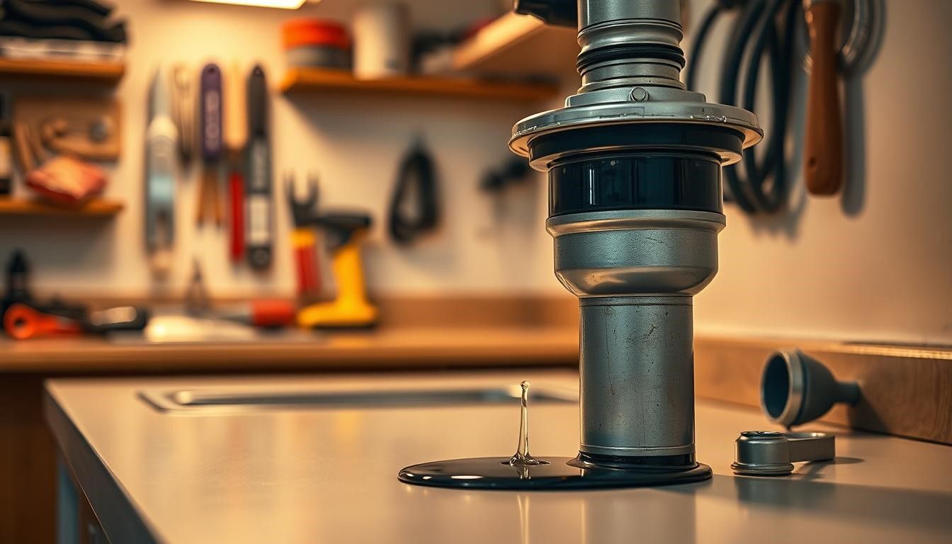 A router tool on a workbench with tools hanging on a blurred background in a workshop.