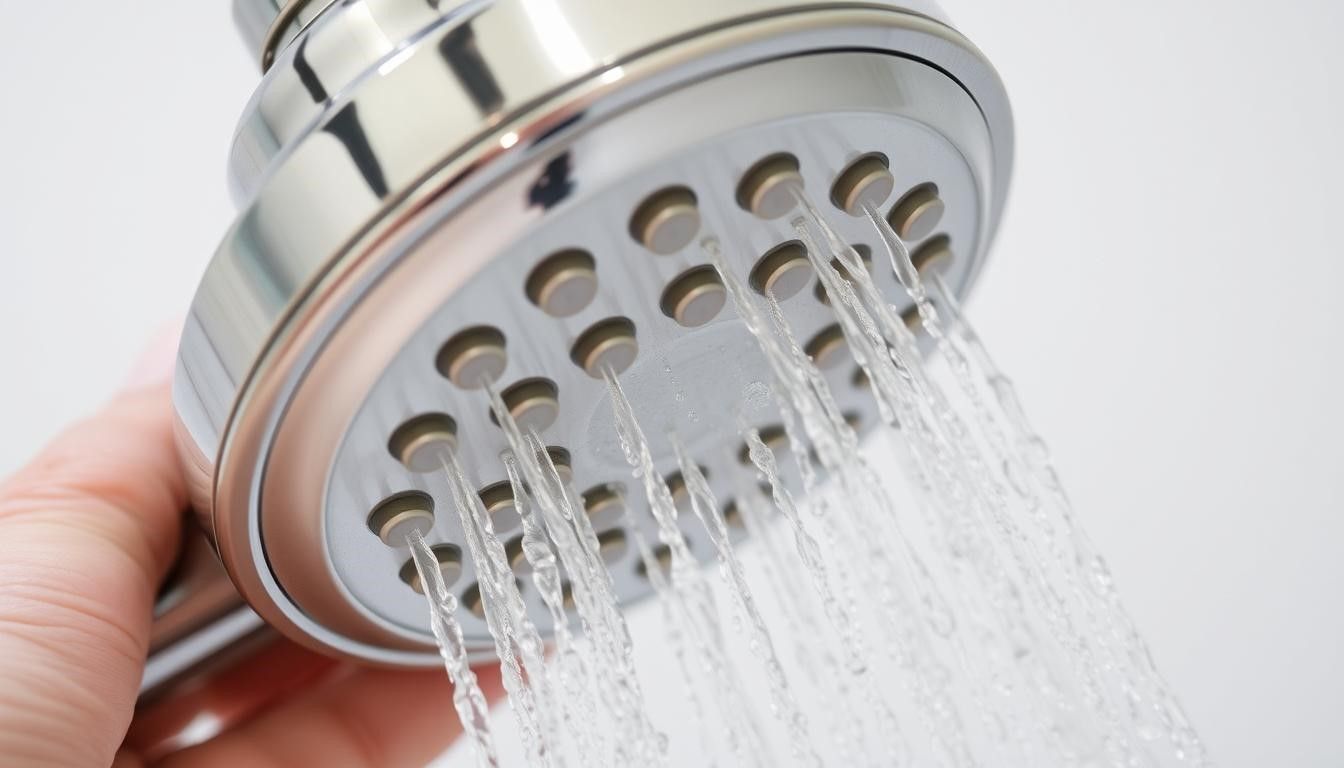 Hand holding a chrome shower head, water streams flowing, close-up.
