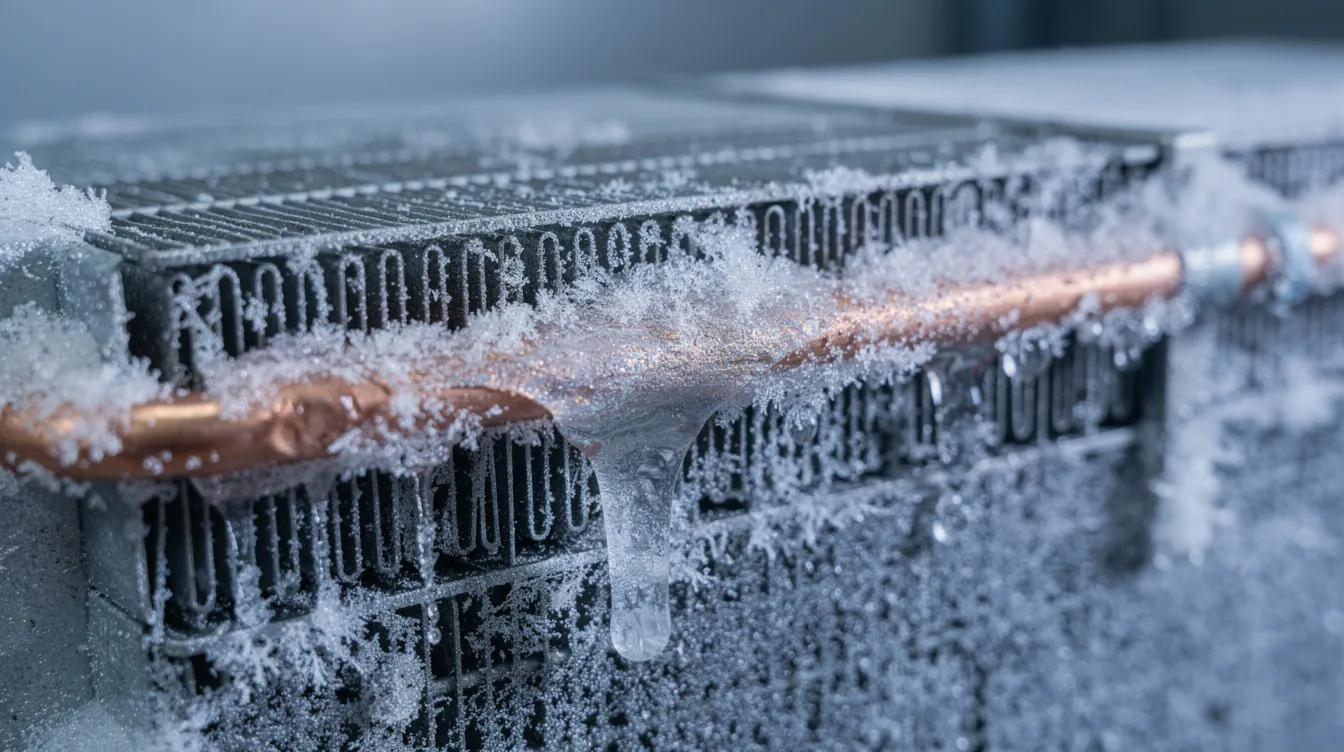A close-up view of frost and ice forming on an air conditioning evaporator coil, indicating potential air conditioner problems that may require emergency AC repair. This buildup can lead to the AC unit blowing warm air instead of cool air, highlighting the importance of regular maintenance and thorough inspections by a reliable air conditioning company.
