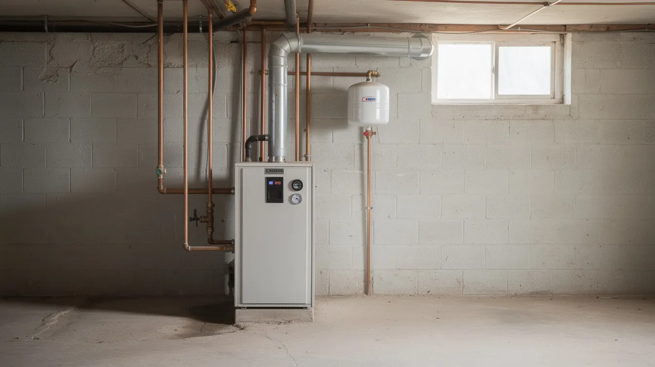 A white furnace and a small white expansion tank mounted on a gray concrete wall in a basement next to a small window.