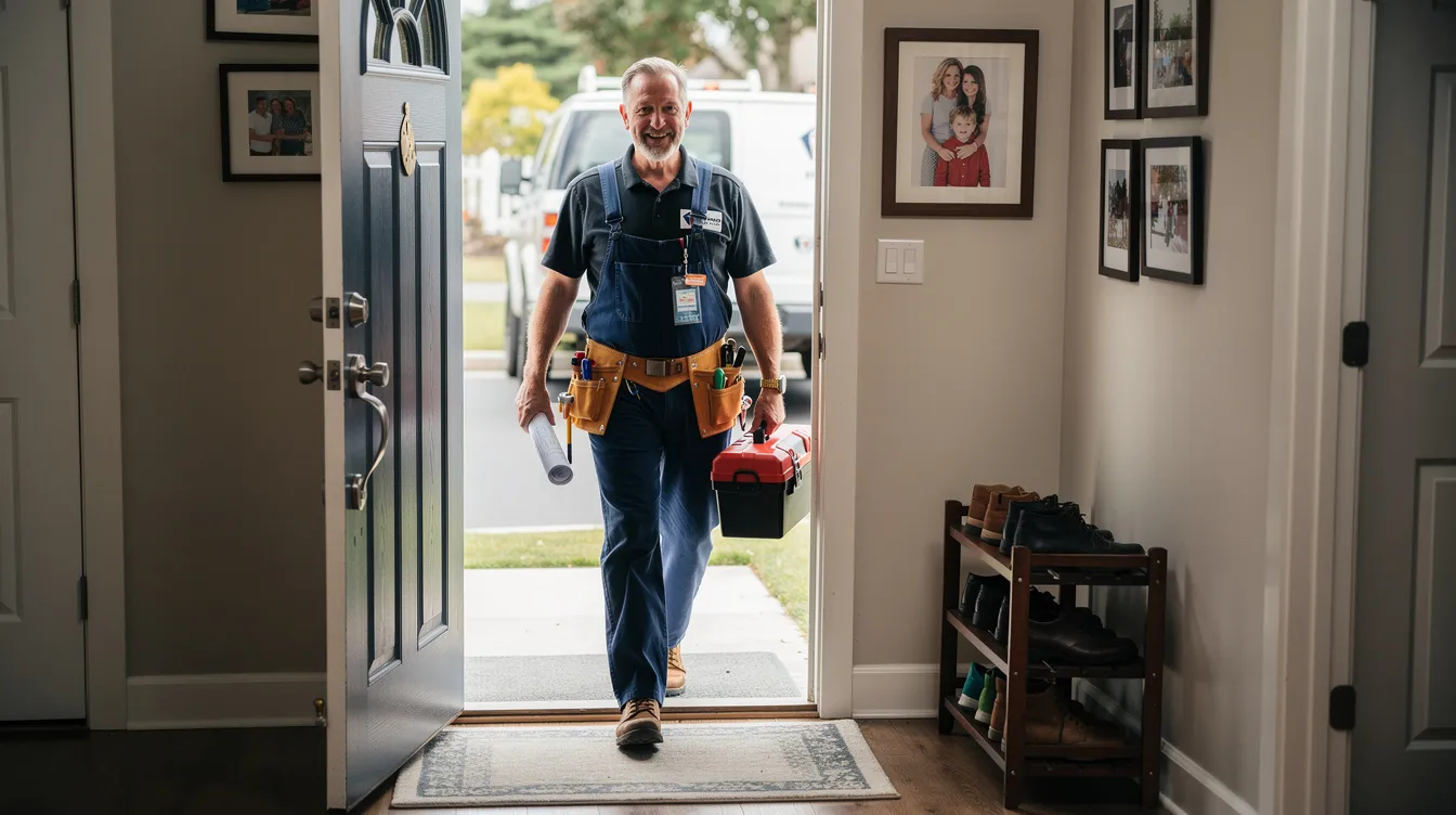Utility worker in blue coveralls enters a home doorway carrying a red toolbox and gear belts