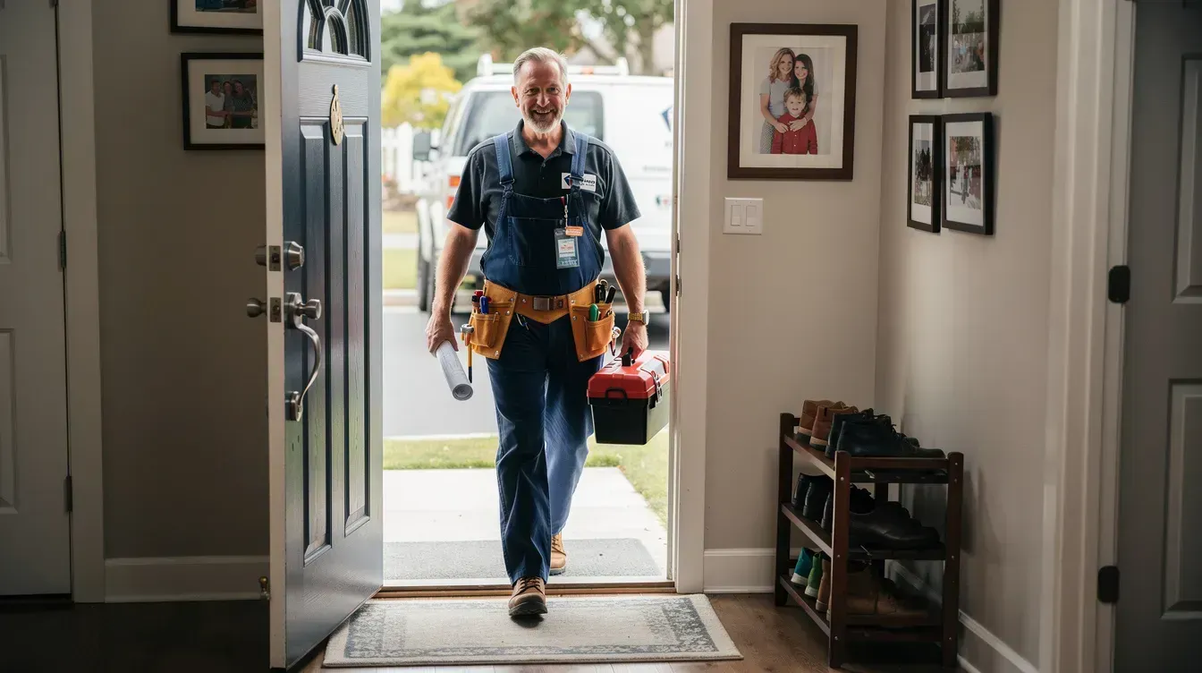 Utility worker in blue coveralls enters a home doorway carrying a red toolbox and gear belts