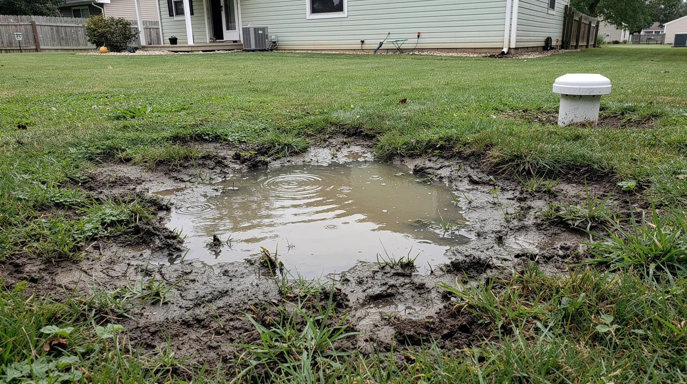 The image depicts a section of yard with standing water, indicating that a septic tank may be full. This pooling water can be a sign of septic system issues, such as sewage backup or clogged pipes, which may lead to costly repairs if not addressed promptly.