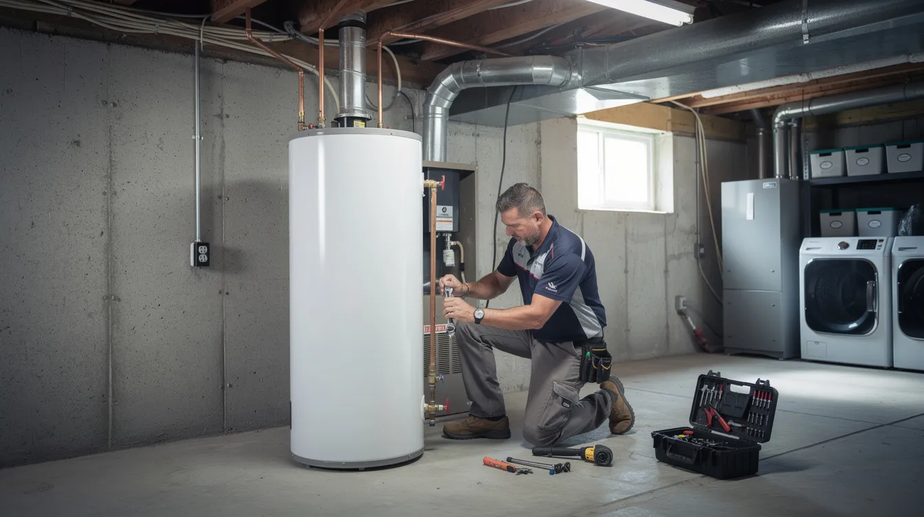 A technician is installing a new water heater in a basement utility area, ensuring the plumbing systems are up to code for reliable hot water access. The scene reflects a commitment to high-quality plumbing services, with tools and fittings visible in the background.
