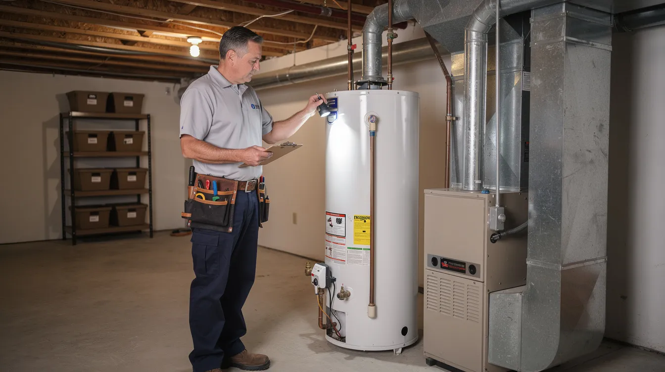 A professional plumber is inspecting a residential water heater in a basement utility room, ensuring the plumbing system is functioning properly to prevent any potential plumbing emergencies. The plumber's expertise is crucial for maintaining reliable service and addressing any plumbing issues that may arise, such as leaks or water damage.