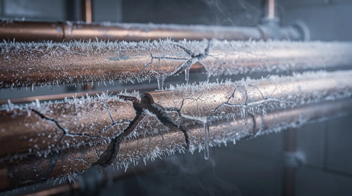 The image depicts frozen and cracked copper pipes, with visible ice crystals on the surface, highlighting a plumbing emergency that could lead to burst pipes and significant water damage. This situation emphasizes the need for immediate attention from reliable emergency plumbing services to prevent further issues.