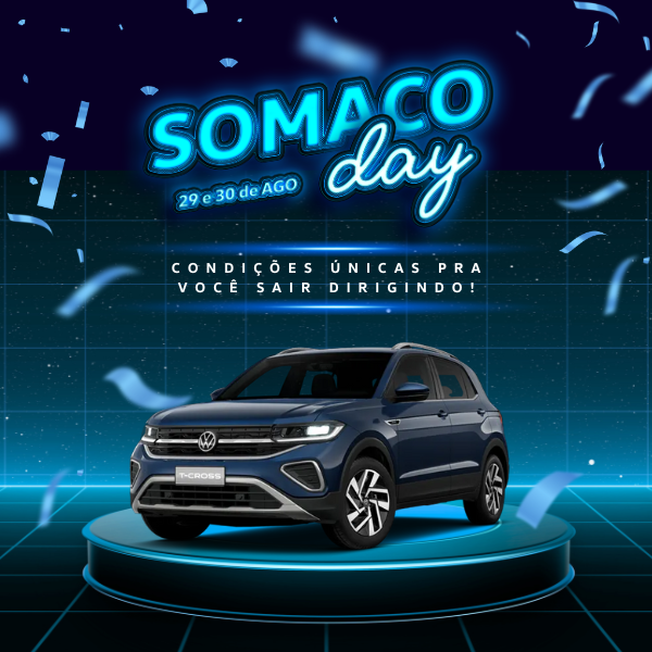 Imagem promocional SUV VW azul no palco. O texto inclui 