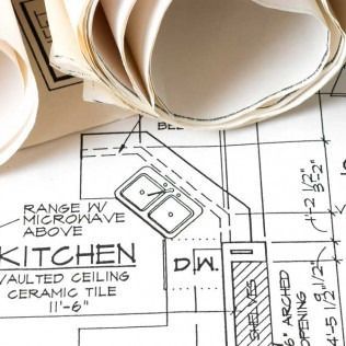 Kitchen floor plan sketch with vaulted ceiling notes and range, microwave, and dishwasher placement