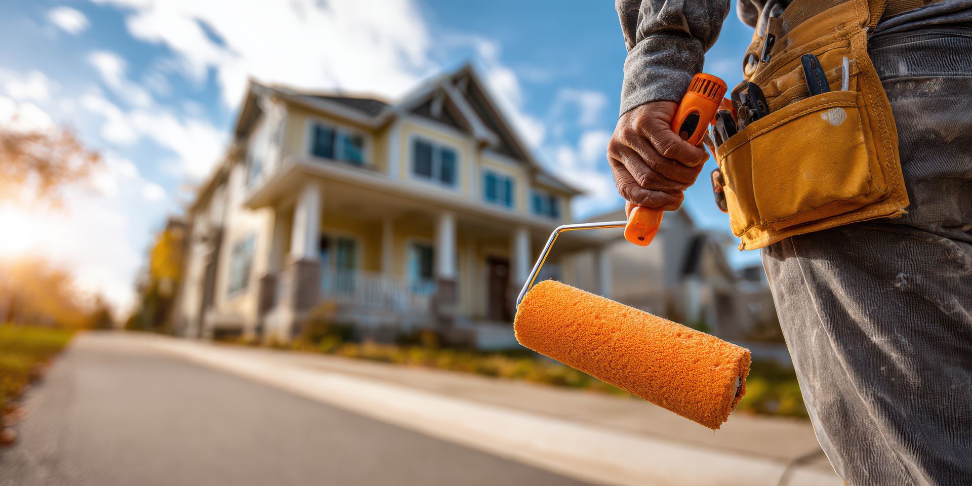 Worker holding a paint roller in front of a house with tools on a belt. Worker holding a paint roller in front of a house with tools on a belt.
