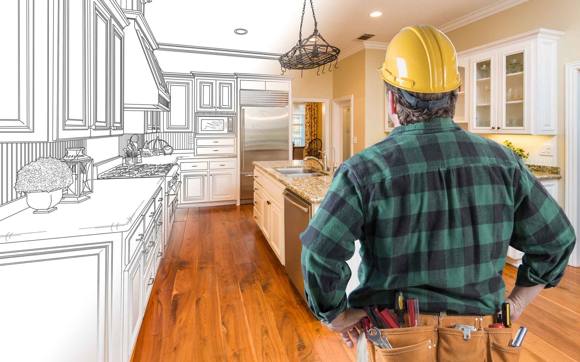 Experienced home remodeling contractor looking at custom kitchen drawing photo combination on white.