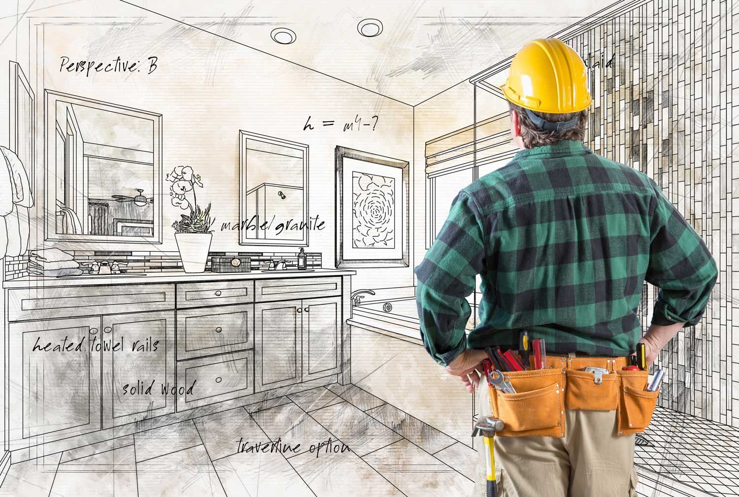 Home improvement contractor reviewing kitchen remodel design and renovation plans.