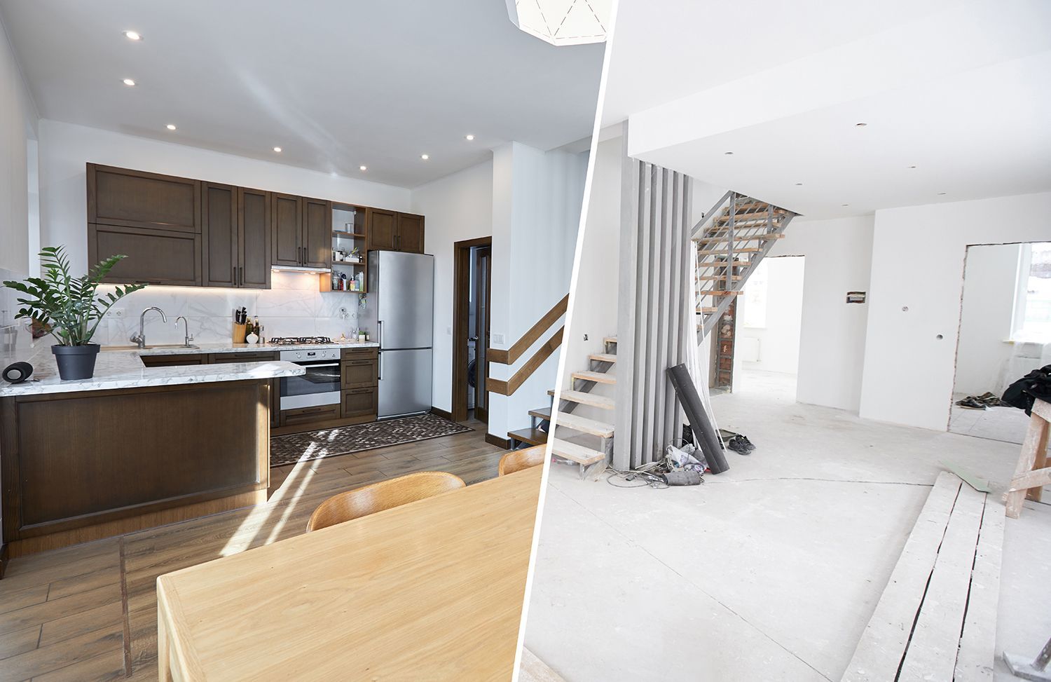 Before and after renovation: gutted interior beside a modern kitchen reveal.