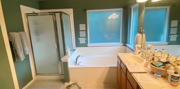 Bathroom with a shower, bathtub, vanity, and green walls.