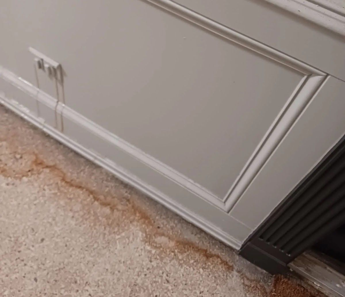 White paneled door beside a striped rug and carpeted floor, showing water stains near the baseboard.
