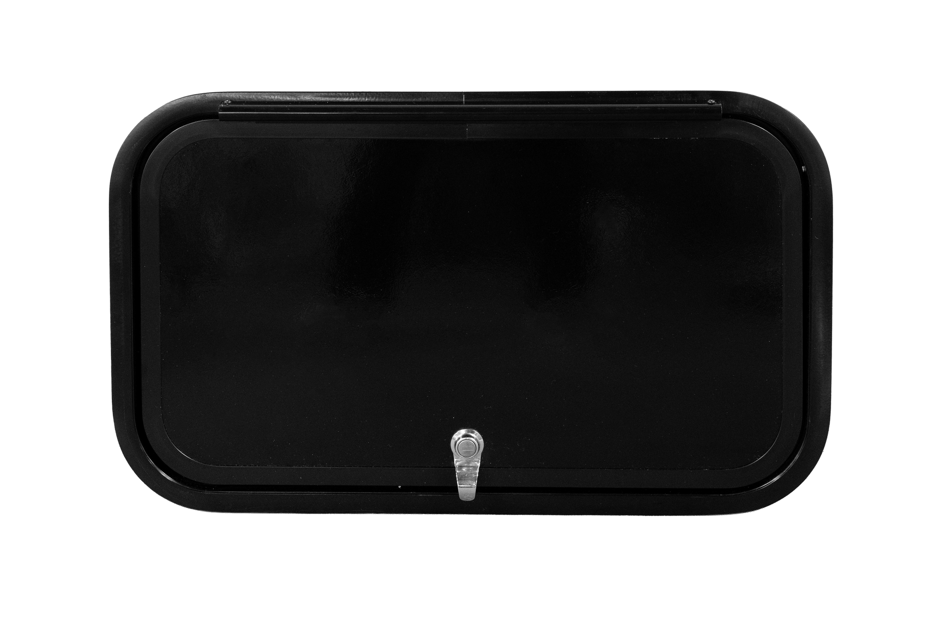 Black rectangular case with rounded corners and a small white latch at the bottom center