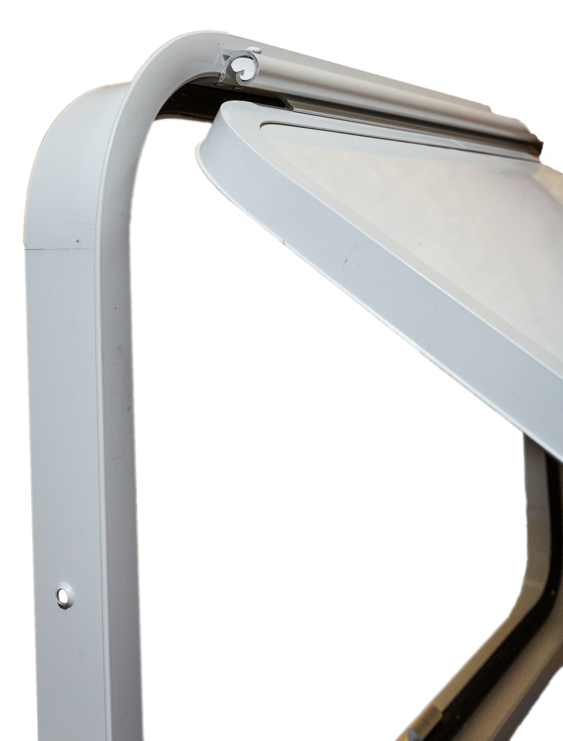 Close-up of a gray metal folding bracket with a hinged arm