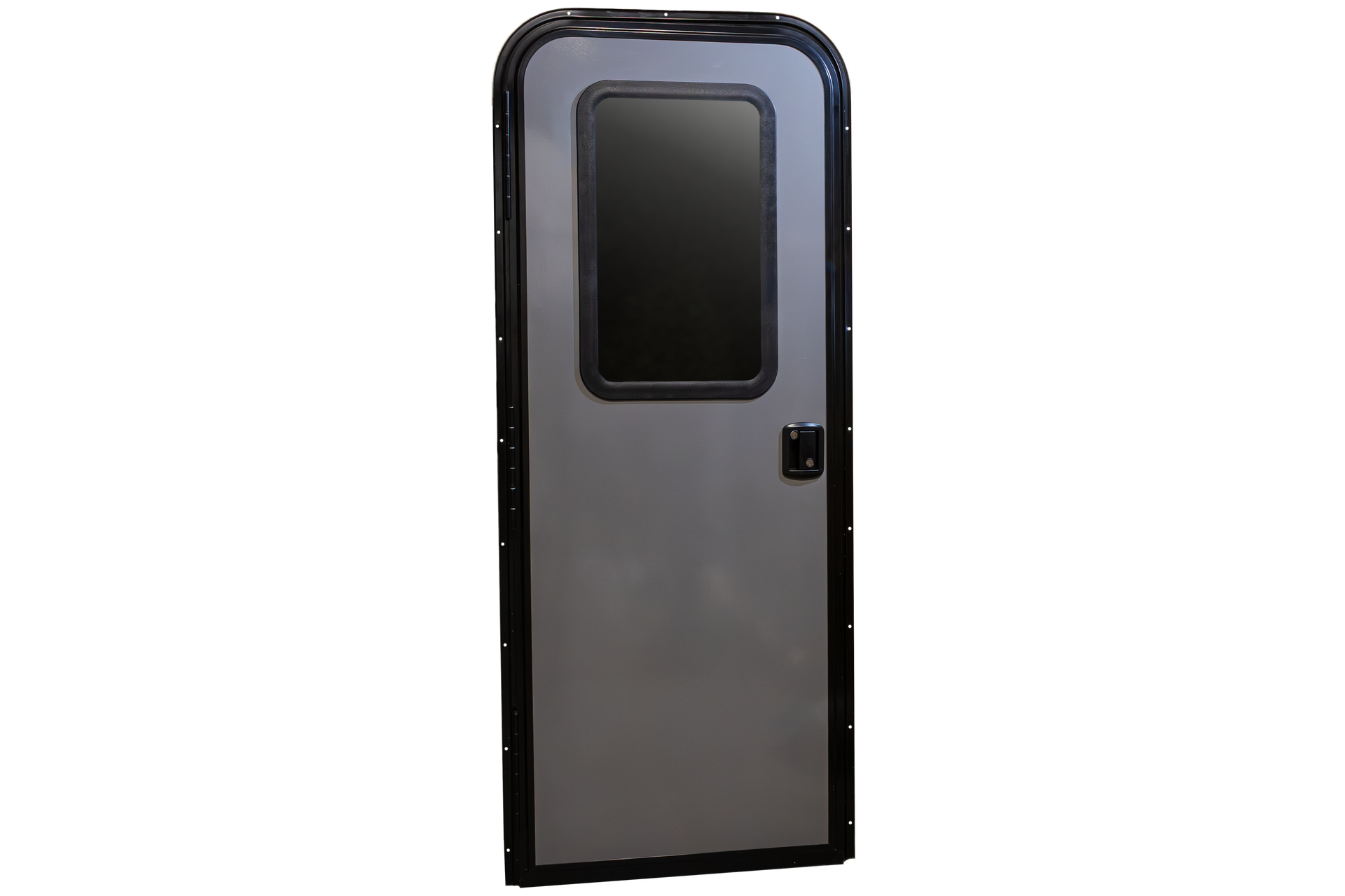 Gray RV door with a small window and black trim on a white background
