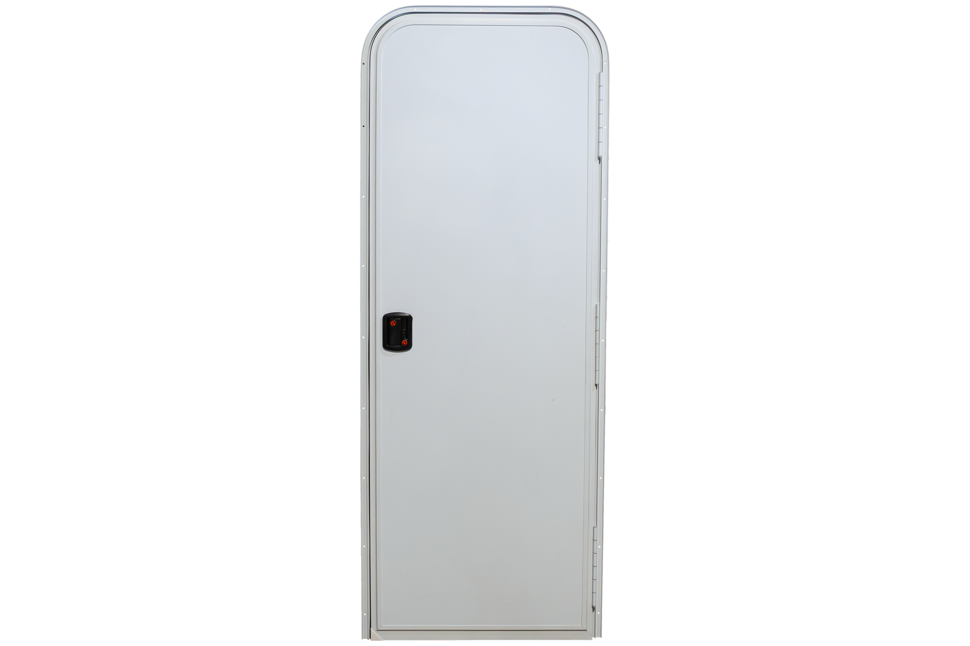 Tall white locker door with a black handle on a plain background