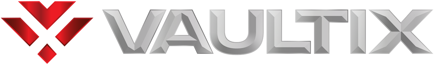 Vaultix logo with red geometric mark and gray text on white background
