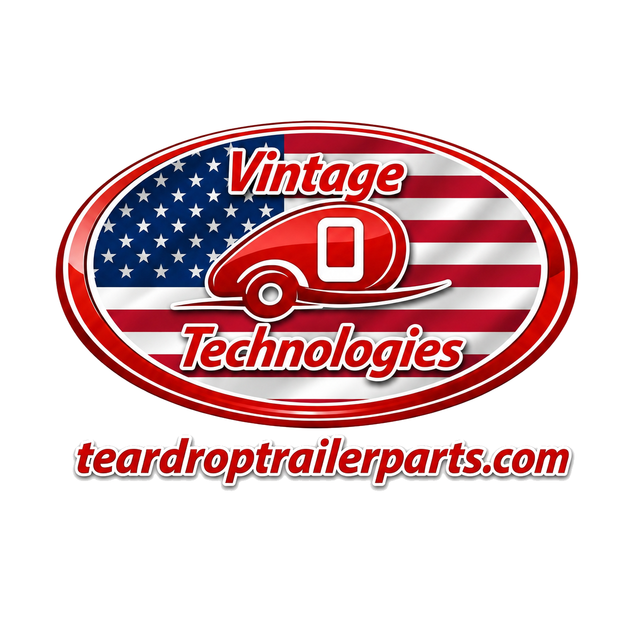 Vintage Technologies logo with red oval, U.S. flag, teardrop trailer icon, and teardropparts.com text